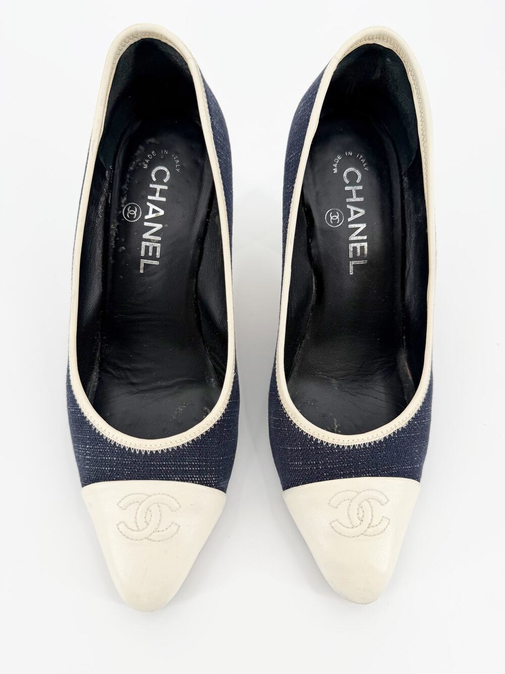 Chanel Chain Heel CC Denim Cap Toe Black Ivory Navy Pumps Block Heel 39 Box